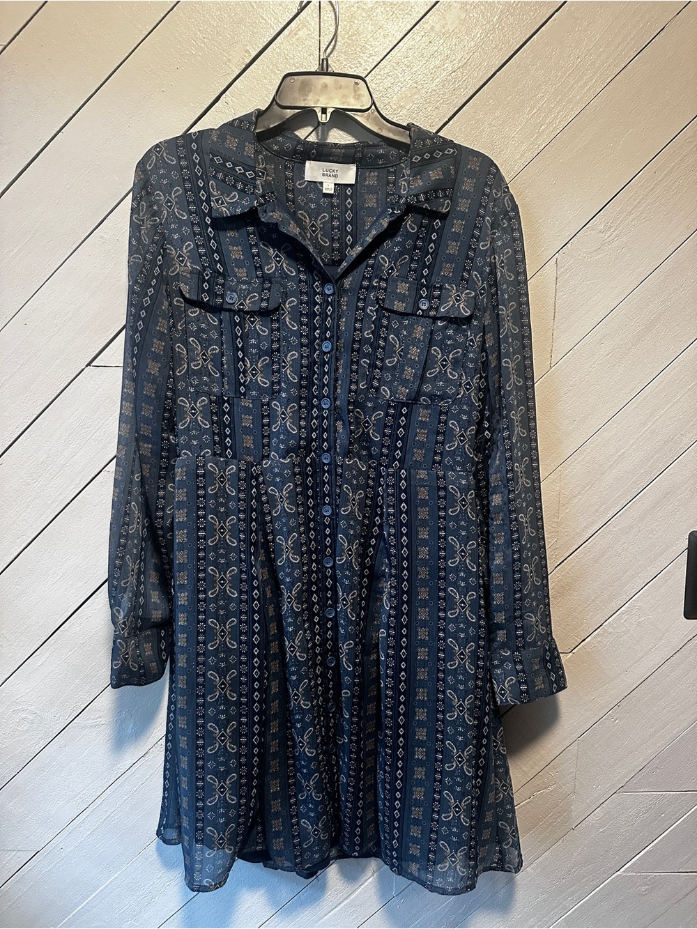 Lucky Brand Navy Patterned Long-Sleeve Shirt Dress